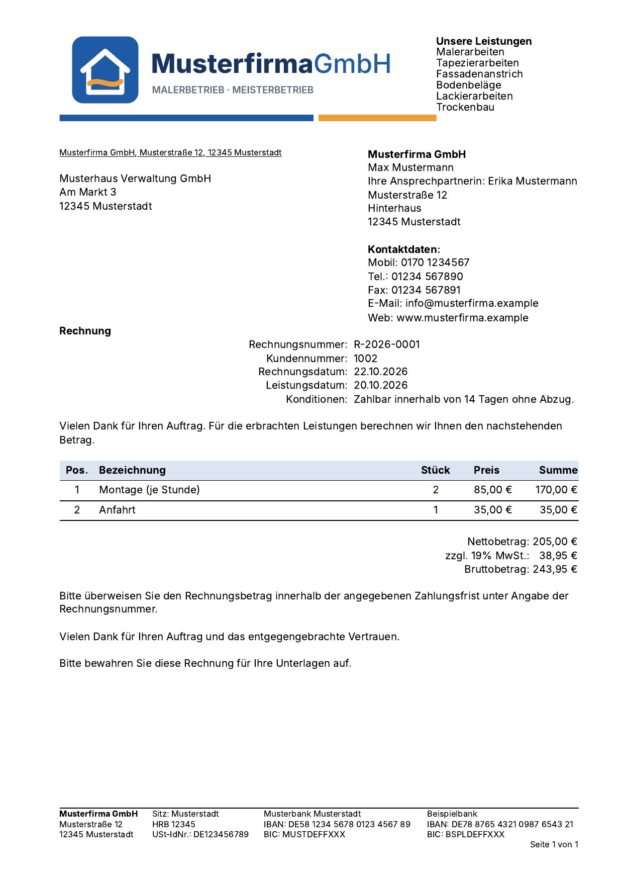 Muster einer E-Rechnung im ZUGFeRD-Format: Rechnung R-2026-0001 der Musterfirma GmbH an die Musterhaus Verwaltung GmbH mit zwei Positionen, Nettobetrag 205,00 Euro, 19 % MwSt. 38,95 Euro, Bruttobetrag 243,95 Euro