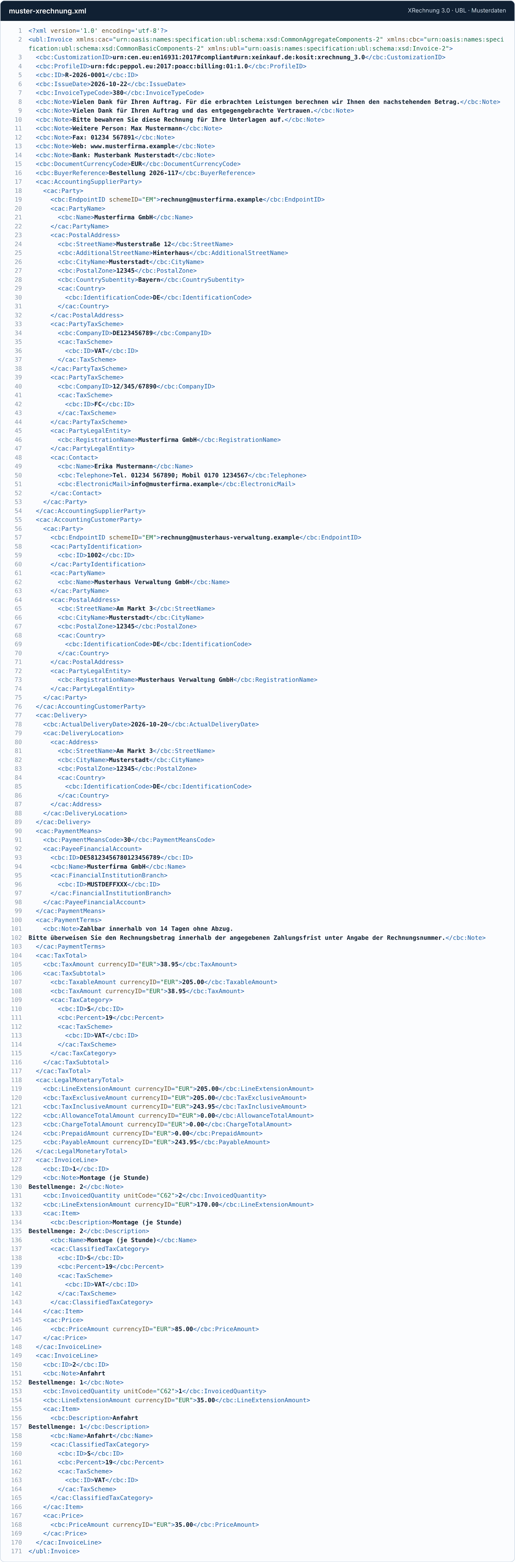 Muster einer XRechnung als XML-Datei (UBL, XRechnung 3.0): Rechnung R-2026-0001 der Musterfirma GmbH mit Käuferreferenz, elektronischen Adressen, USt-IdNr., IBAN, zwei Positionen und Gesamtbetrag 243,95 Euro