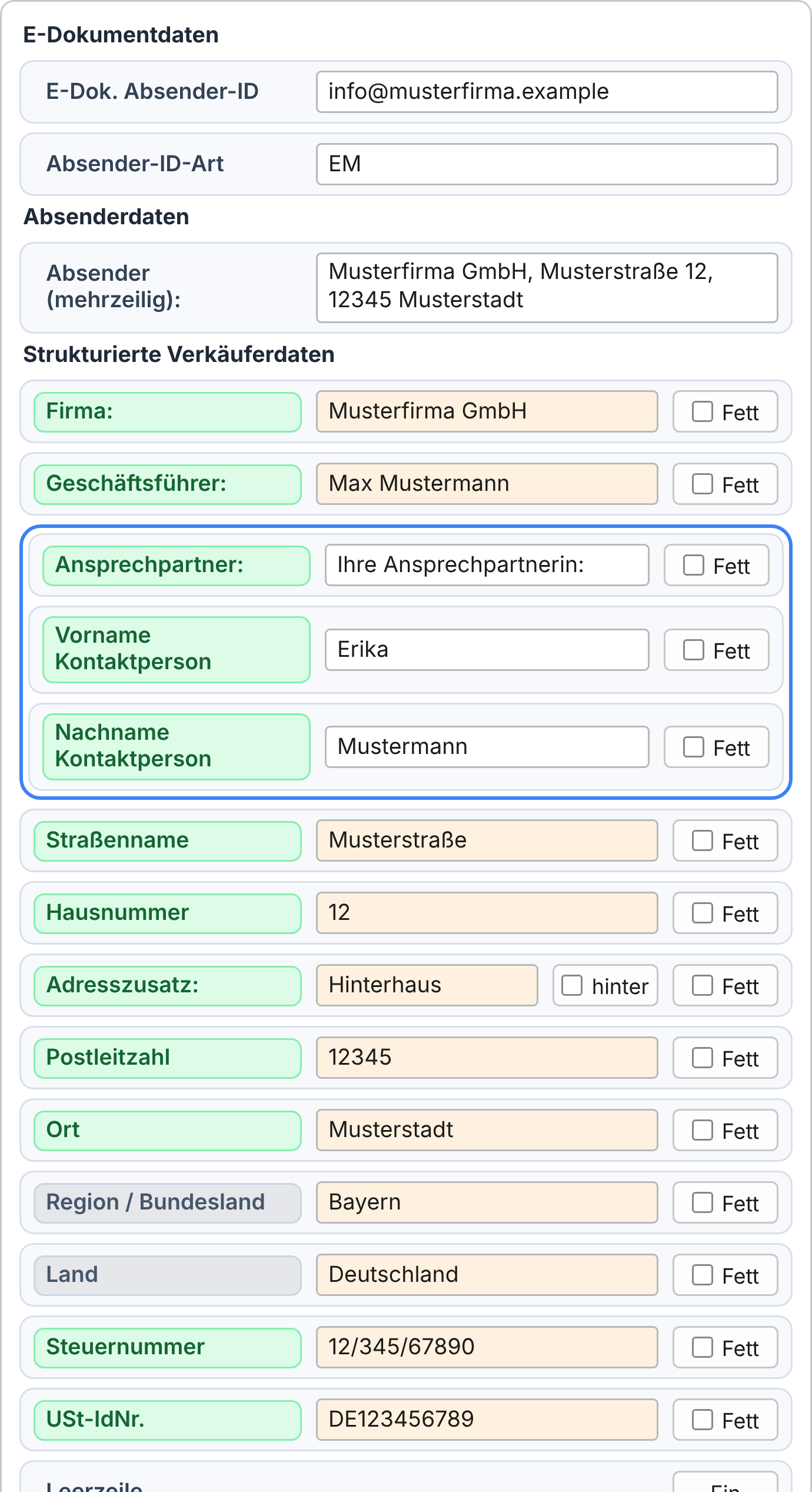 Oberer Teil der Seite Absenderdaten: E-Dokumentdaten mit Absender-ID und Absender-ID-Art, Absenderzeile, Firma, Geschäftsführer, Kontaktperson blau umrandet, Anschrift, Steuernummer und USt-IdNr.; Feldnamen grün, Bundesland und Land grau ausgeblendet, mit der Fußzeile verbundene Felder hellorange