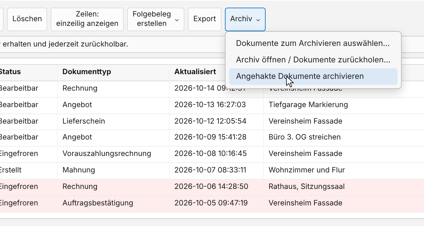 Dokumentliste mit offenem Menü „Archiv“: „Dokumente zum Archivieren auswählen…“, „Archiv öffnen / Dokumente zurückholen…“ und „Angehakte Dokumente archivieren“; zwei ältere Dokumente sind angehakt
