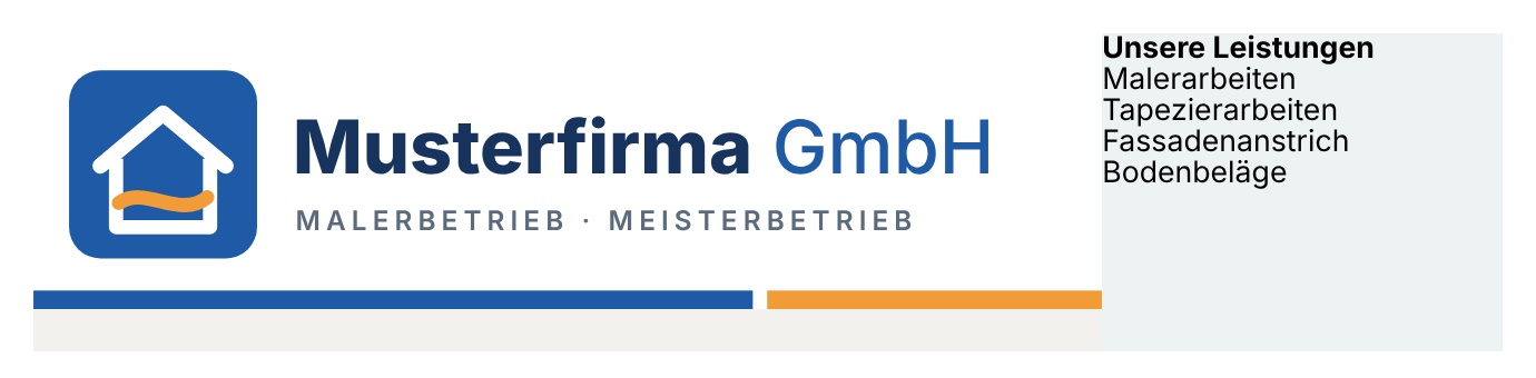 Briefkopf mit Logo-Bild links und Leistungsübersicht rechts