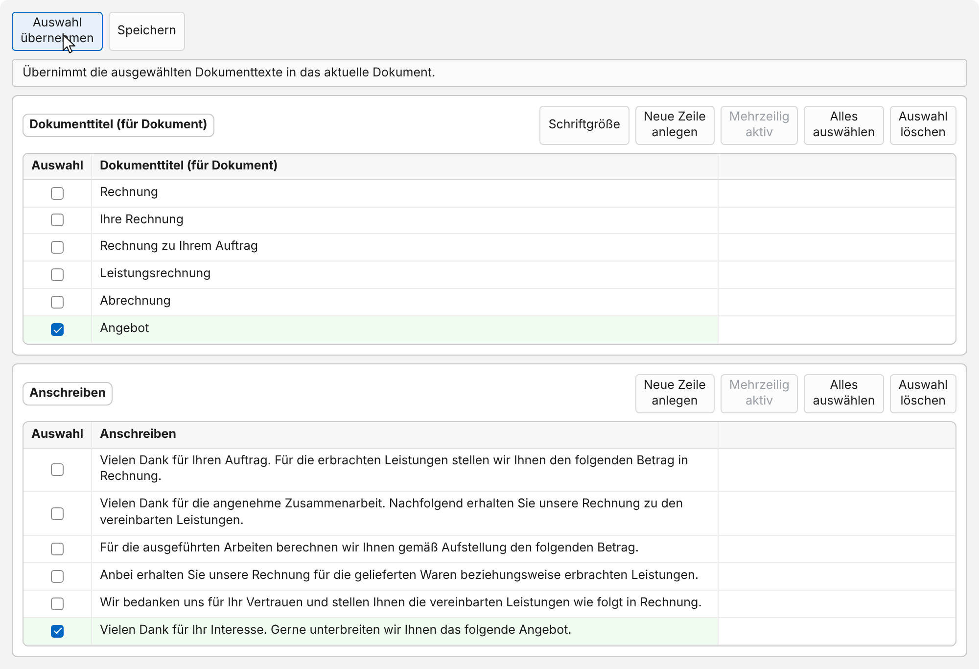 Seite Dokumenttexte eines neuen Angebots: oben „Auswahl übernehmen“ mit Zeiger und „Speichern“; in den Karten „Dokumenttitel“ und „Anschreiben“ ist jeweils der Angebotstext angehakt und grün