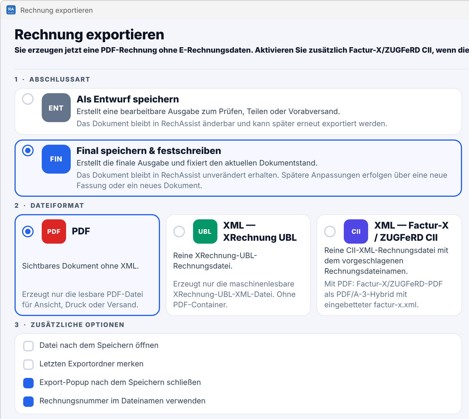 Exportdialog Rechnung exportieren, linker Teil: Abschlussart Final speichern und festschreiben gewählt, Dateiformat PDF gewählt, darunter die zusätzlichen Optionen