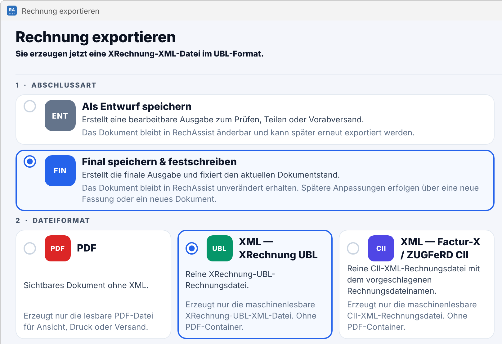 Exportdialog mit der Karte XML — XRechnung UBL gewählt, PDF nicht gewählt; die Statuszeile meldet eine XRechnung-XML-Datei im UBL-Format