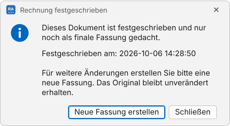 Meldung „Rechnung festgeschrieben“ mit Datum der Festschreibung und den Knöpfen „Neue Fassung erstellen“ und „Schließen“