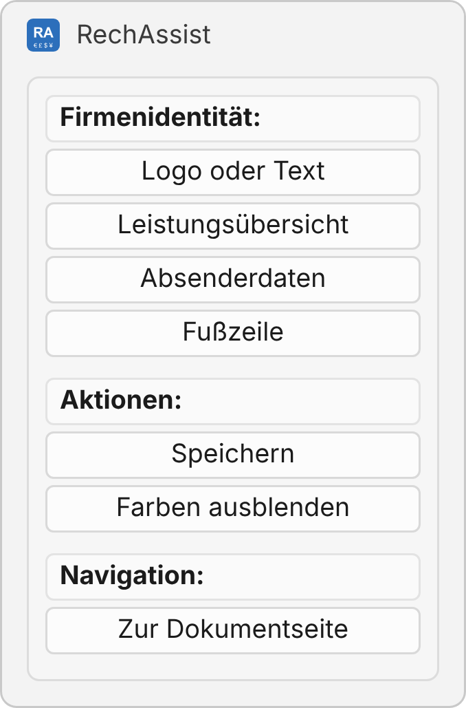Linkes Menü der Seite Firmenidentität mit Logo oder Text, Leistungsübersicht, Absenderdaten, Fußzeile, Speichern, Farben ausblenden und Zur Dokumentseite