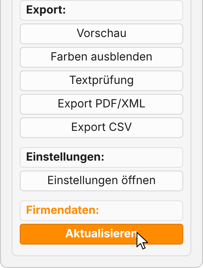 Unterer Teil des linken Menüs: unter Firmendaten der orange Knopf Aktualisieren mit Mauszeiger