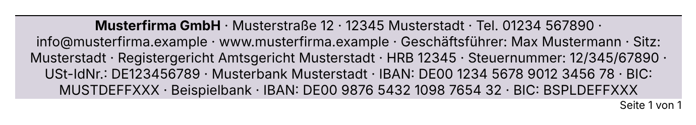 Fußzeile mit 1 Block: alle Angaben als zentrierter Fließtext, getrennt durch Punkte
