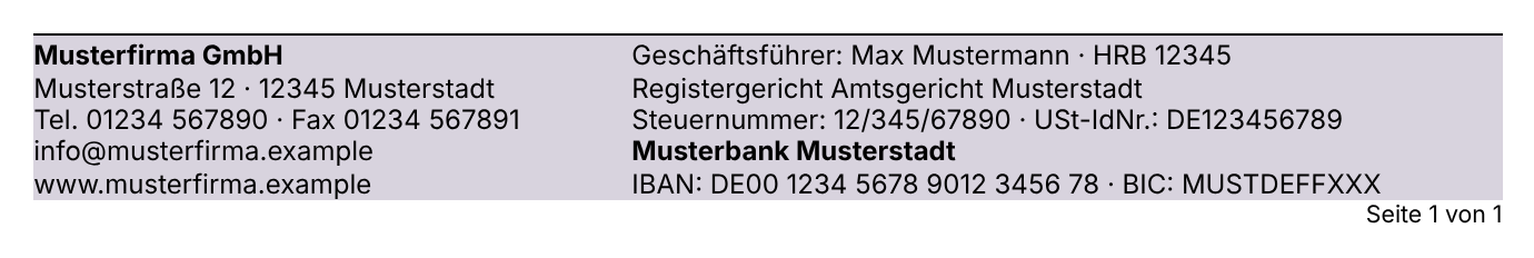 Fußzeile mit 2 gleich hohen Blöcken: links Adresse und Kontakt, rechts Register und Bankverbindung