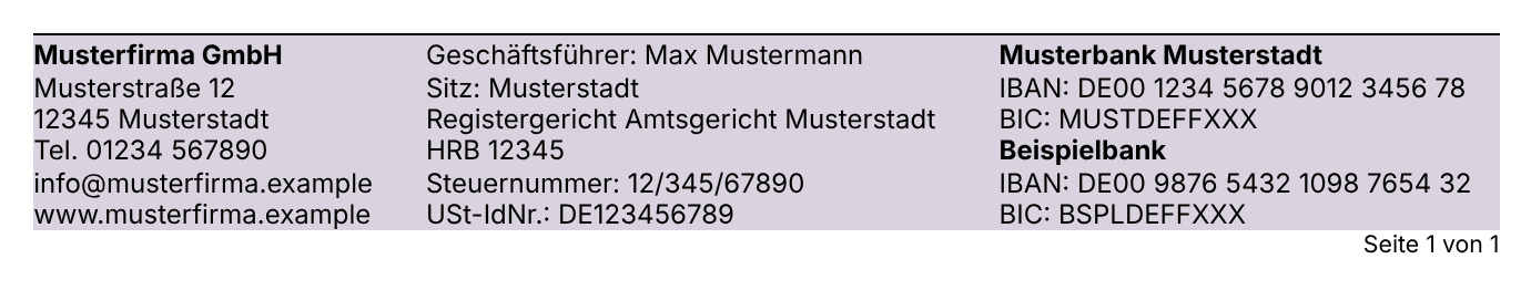 Fußzeile mit 3 Blöcken: beide Bankverbindungen untereinander im dritten Block, Banknamen fett