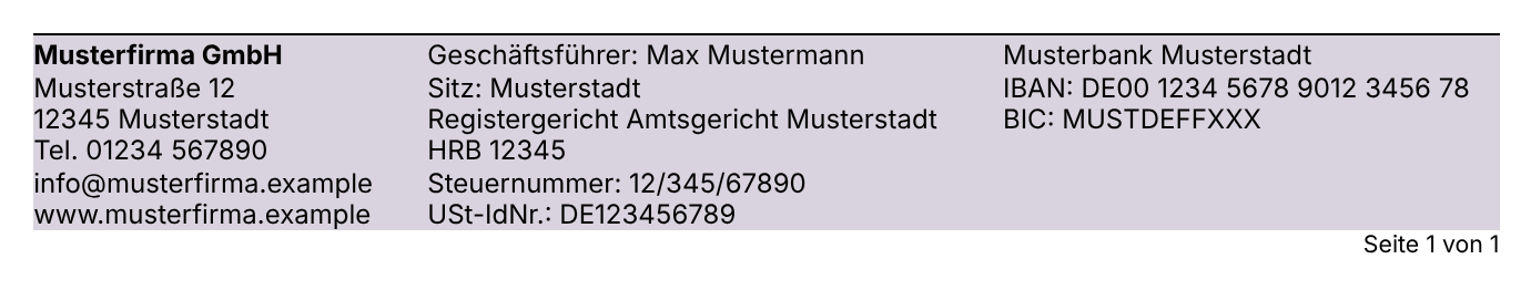 Fußzeile mit 3 Blöcken in 9 pt: Adresse und Kontakt, Geschäftsführung und Register, eine Bankverbindung