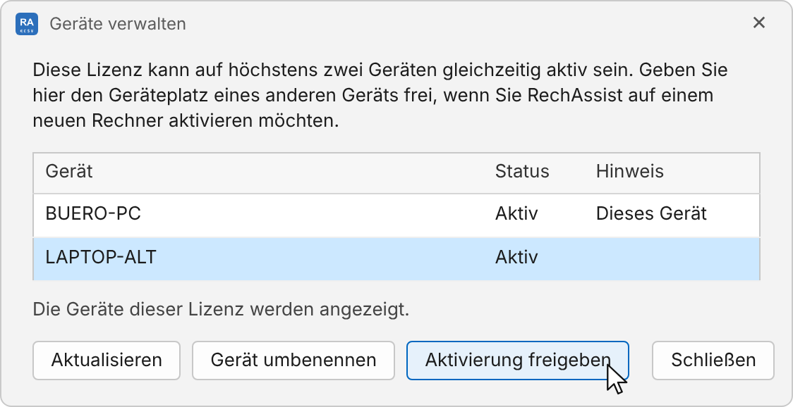 Fenster Geräte verwalten mit zwei aktiven Geräten; das Gerät LAPTOP-ALT ist markiert, die Maus zeigt auf Aktivierung freigeben