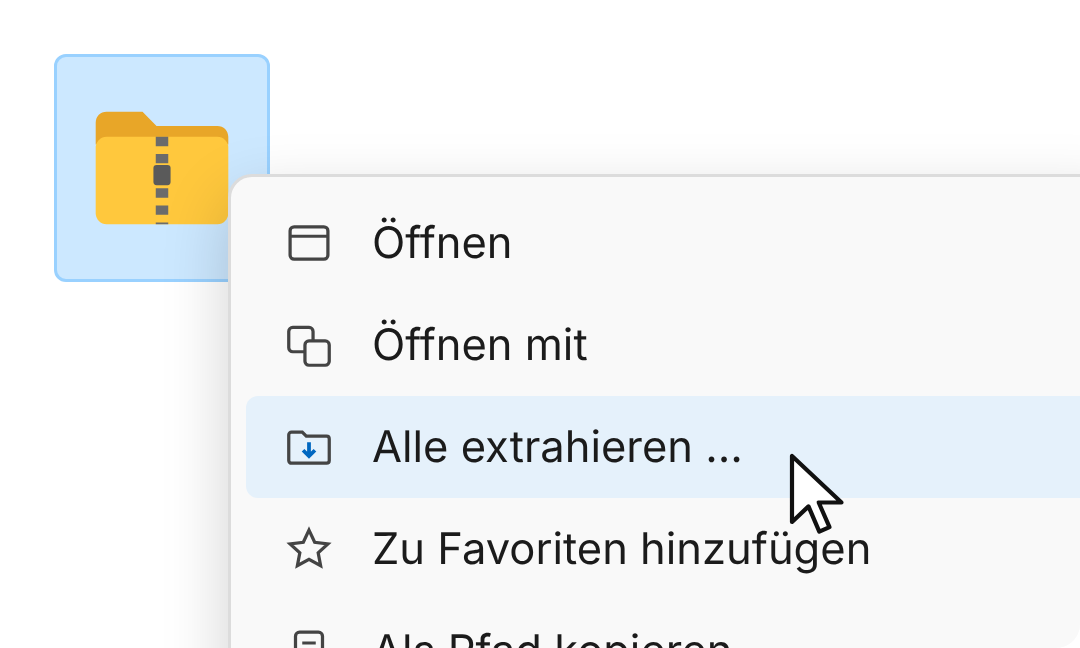 Rechtsklick auf die ZIP-Datei: im Menü ist „Alle extrahieren …“ markiert
