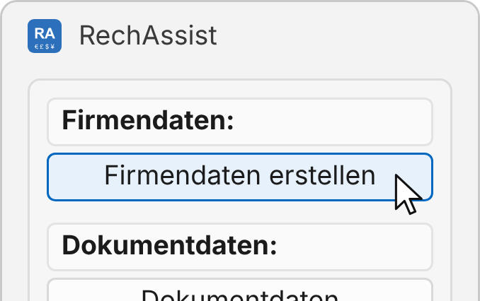 Oberer Teil des linken Menüs von RechAssist: Der Mauszeiger steht auf „Firmendaten erstellen“