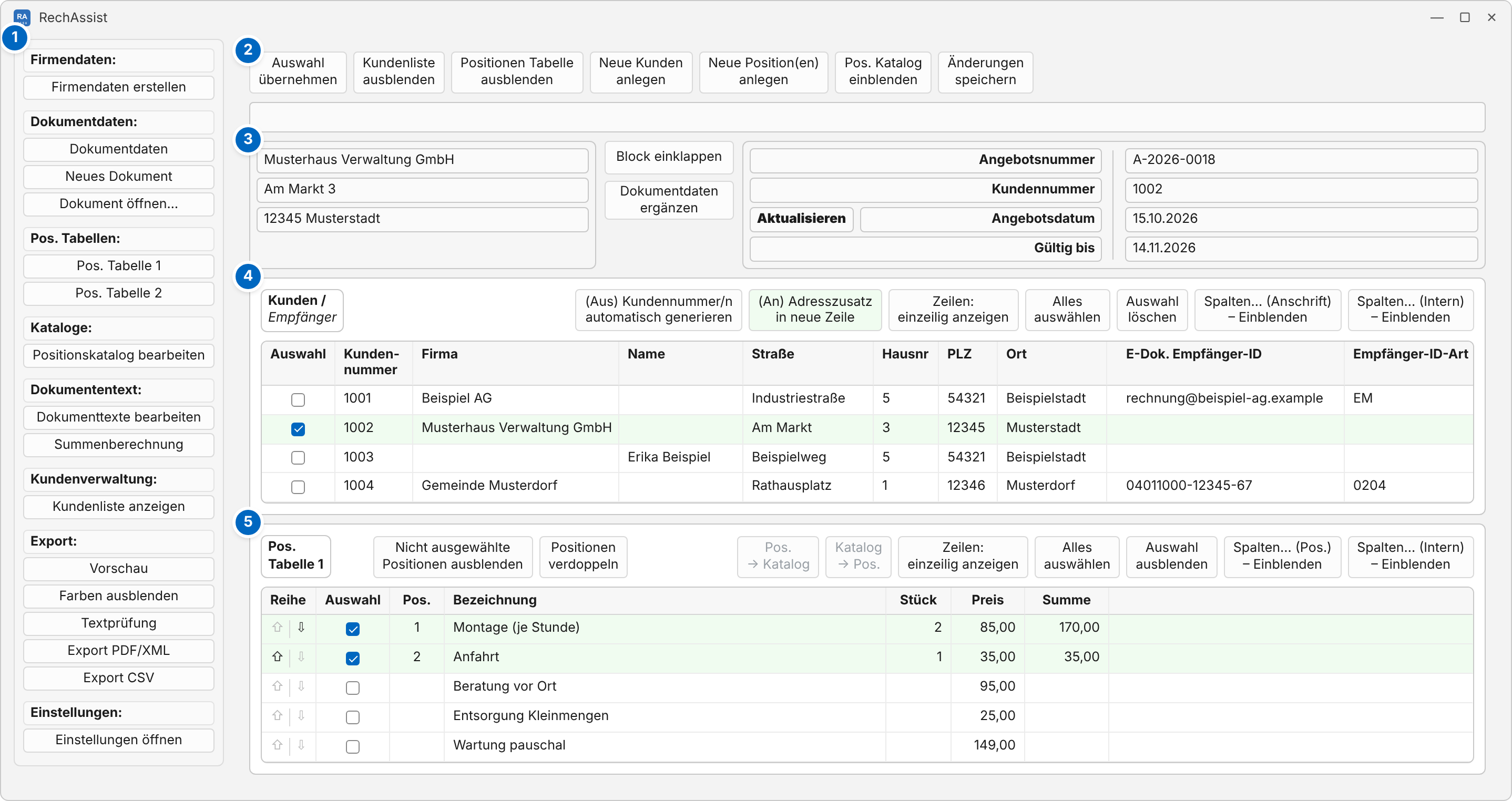 Hauptfenster mit einem geöffneten Angebot, fünf Bereiche mit blauen Ziffern markiert: 1 das linke Menü mit Firmendaten, Dokumentdaten, Pos. Tabellen, Kataloge, Dokumententext, Kundenverwaltung, Export und Einstellungen; 2 die Knopfleiste oben auf der Arbeitsfläche; 3 die Dokumentdaten mit Empfänger, „Block einklappen“ und „Dokumentdaten ergänzen“; 4 die Karte „Kunden / Empfänger“; 5 die Karte „Pos. Tabelle 1“