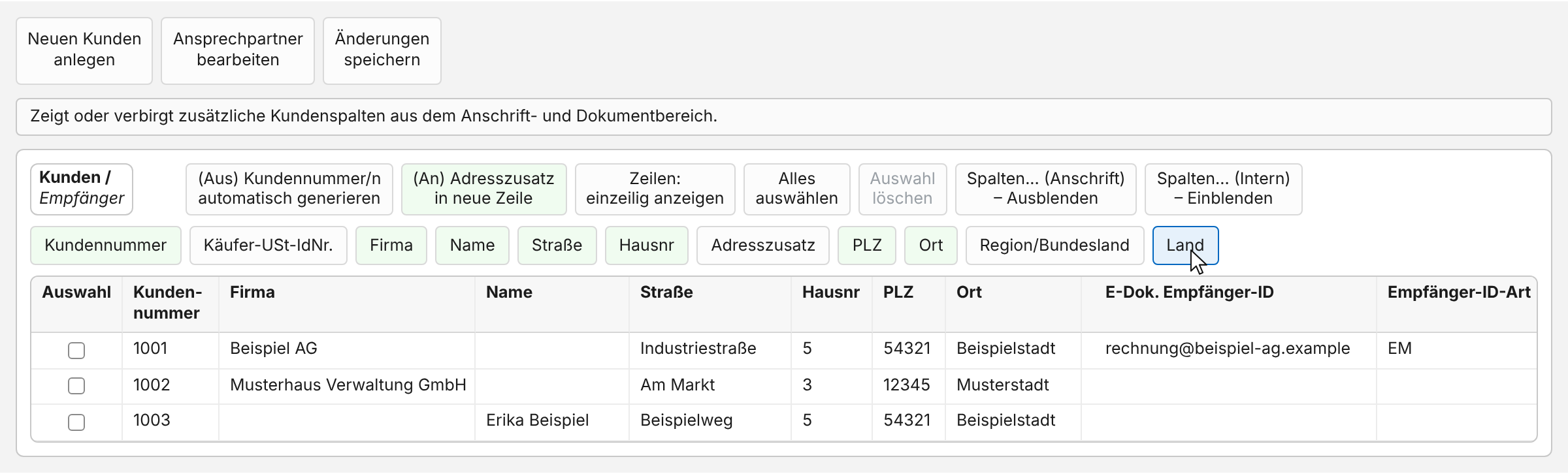 Geöffnete Leiste „Spalten... (Anschrift)“: grüne Knöpfe für sichtbare Spalten, weiße für ausgeblendete wie Käufer-USt-IdNr., Adresszusatz, Region/Bundesland und Land; der Zeiger steht auf „Land“