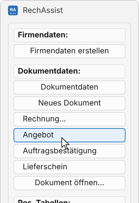 Seitenleiste mit offenem Untermenü unter „Neues Dokument“: „Rechnung…“, „Angebot“, „Auftragsbestätigung“ und „Lieferschein“; der Zeiger steht auf „Angebot“
