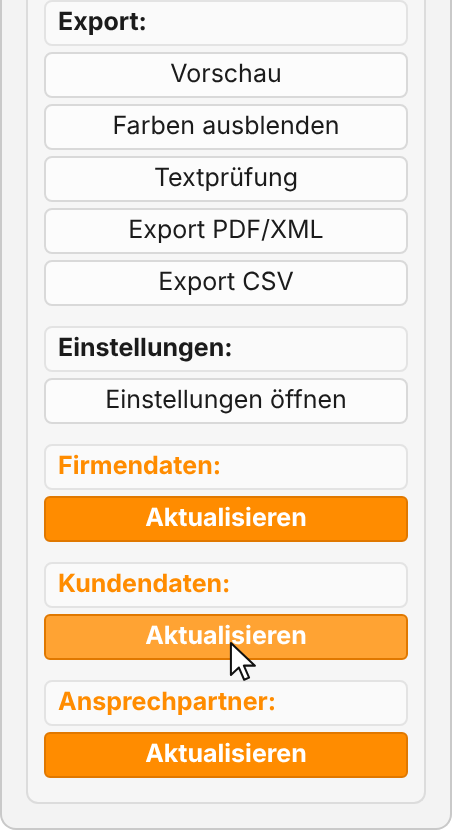 Untere Seitenleiste mit drei orangen Abschnitten „Firmendaten:“, „Kundendaten:“ und „Ansprechpartner:“, jeweils mit dem Knopf „Aktualisieren“; der Zeiger steht auf „Kundendaten: Aktualisieren“