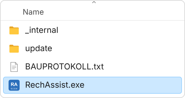 Inhalt des Ordners program: _internal, update, BAUPROTOKOLL.txt und die markierte Datei RechAssist.exe