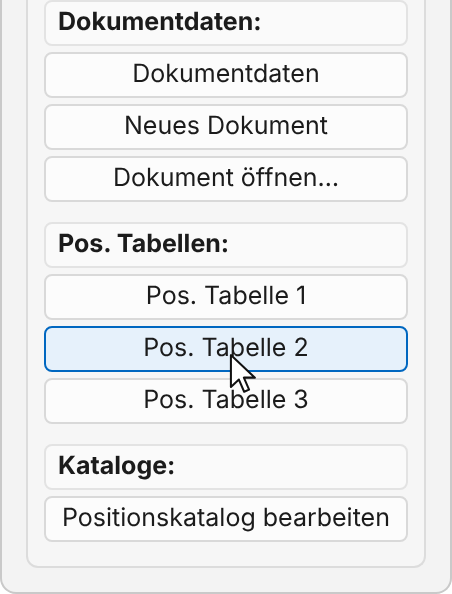 Seitenleiste mit dem Bereich „Pos. Tabellen:“: Pos. Tabelle 1, Pos. Tabelle 2 und Pos. Tabelle 3; der Zeiger steht auf „Pos. Tabelle 2“