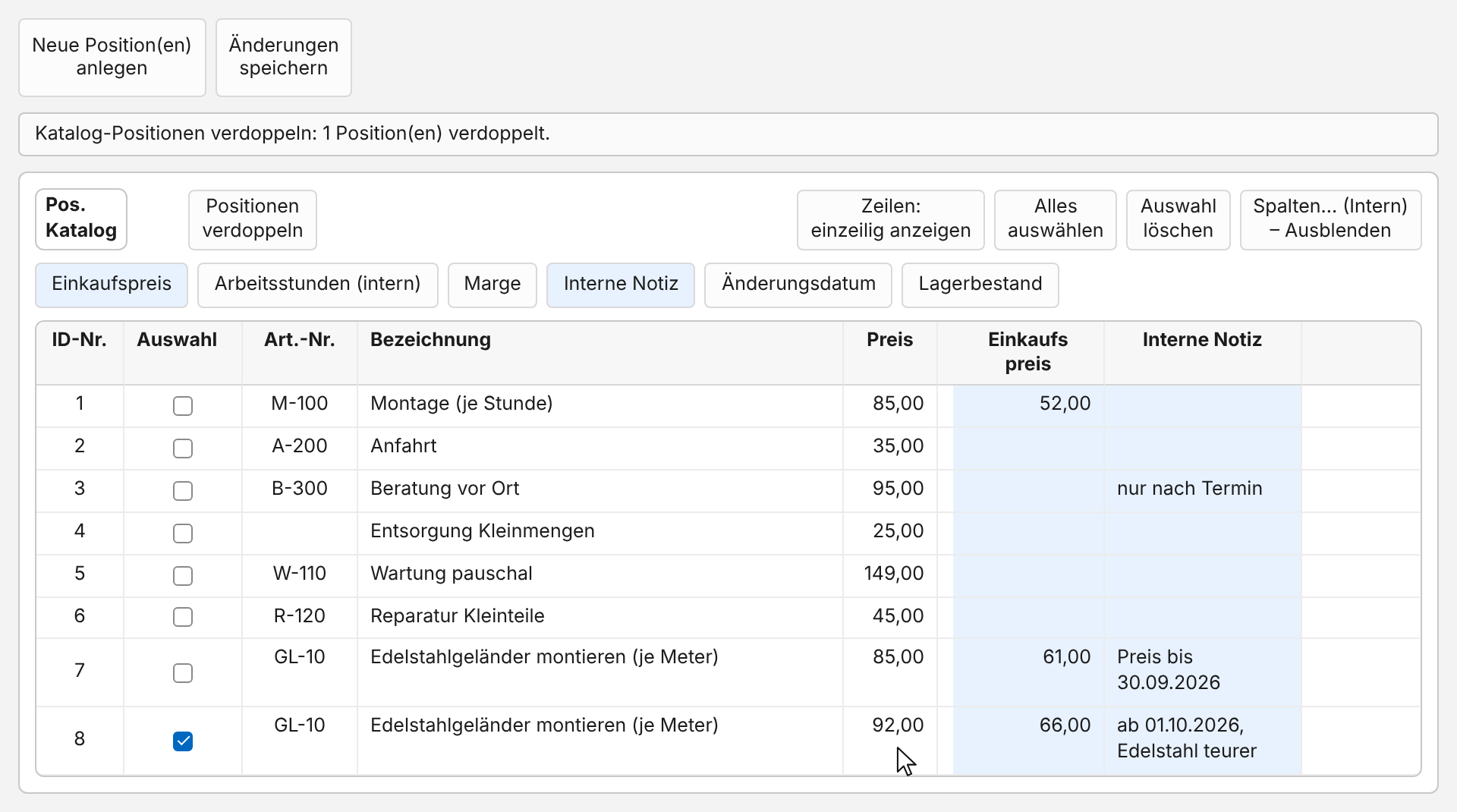 Positionskatalog mit eingeblendeten internen Spalten Einkaufspreis und Interne Notiz: „Edelstahlgeländer montieren (je Meter)“ mit Art.-Nr. GL-10 steht zweimal im Katalog, mit ID-Nr. 7 zu 85,00 und der Notiz „Preis bis 30.09.2026“ und mit ID-Nr. 8 zu 92,00 und der Notiz „ab 01.10.2026, Edelstahl teurer“; die Kopie mit ID-Nr. 8 ist angehakt, die Hinweiszeile meldet „Katalog-Positionen verdoppeln: 1 Position(en) verdoppelt.“