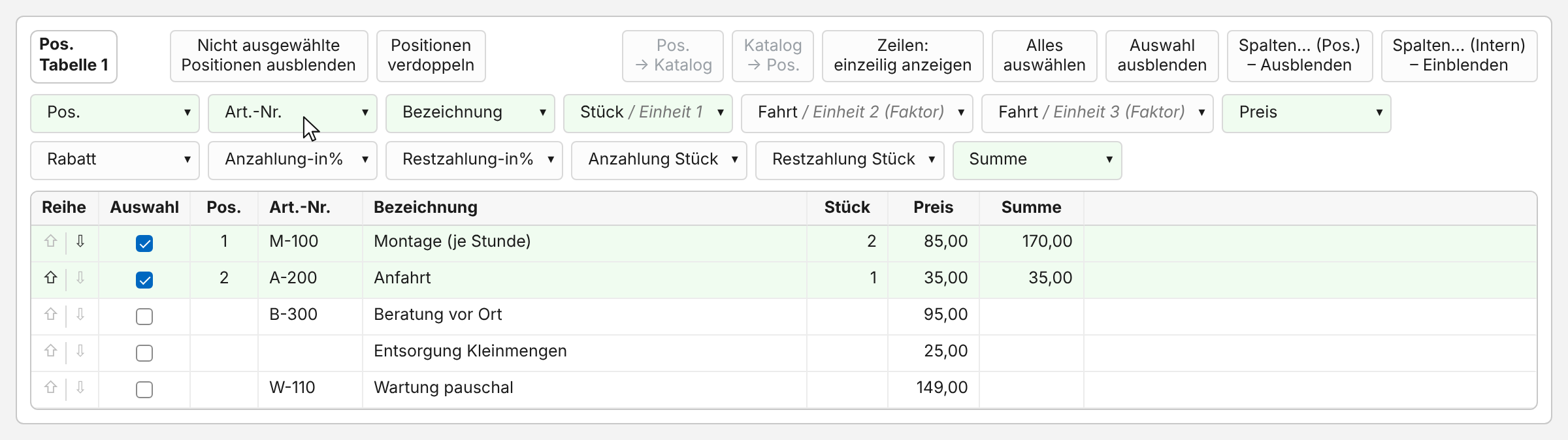 Positionstabelle mit geöffneter Leiste „Spalten... (Pos.)“: hellgrün sind Pos., Art.-Nr., Bezeichnung, Stück / Einheit 1, Preis und Summe; der Zeiger steht auf „Art.-Nr.“, die Spalte steht jetzt in der Tabelle