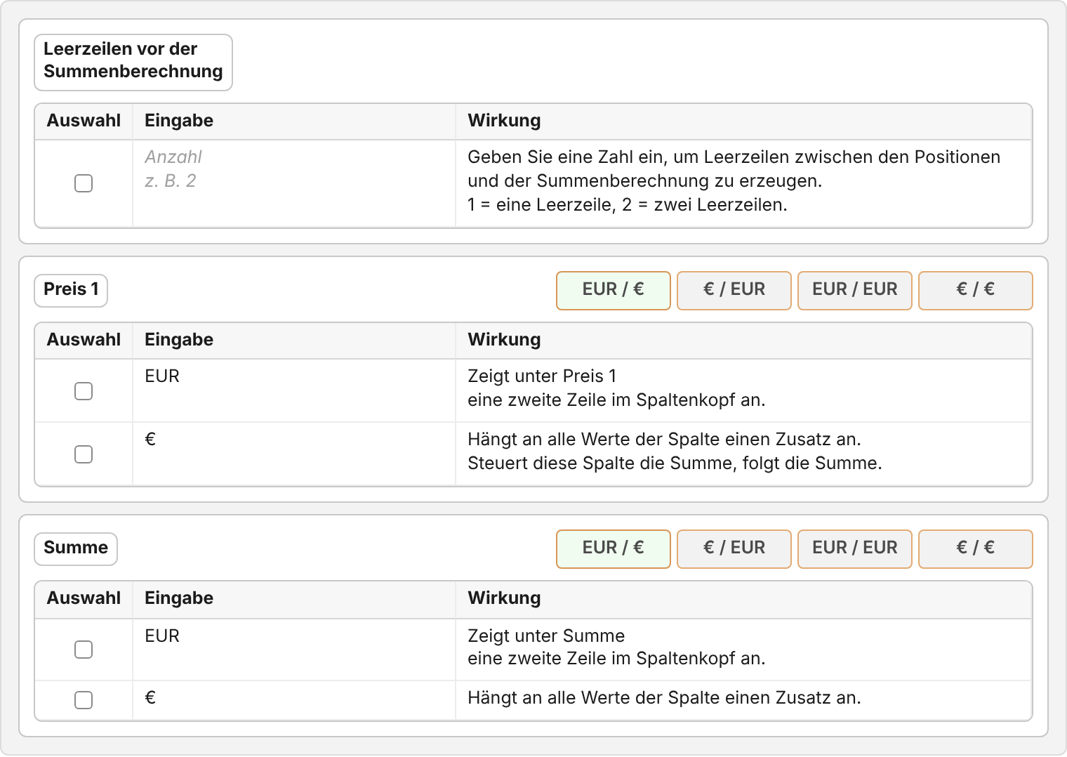 Karten „Leerzeilen vor der Summenberechnung“, „Preis 1“ und „Summe“ mit den Knöpfen EUR / €, € / EUR, EUR / EUR und € / €; gewählt ist EUR / €