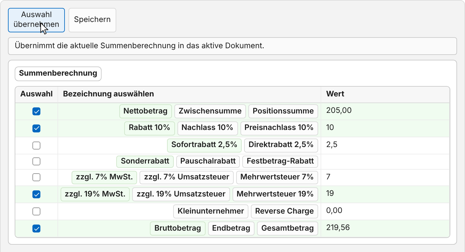 Seite Summenberechnung: angehakt sind Nettobetrag 205,00, Rabatt 10, zzgl. 19% MwSt. und Bruttobetrag 219,56; der Zeiger steht auf „Auswahl übernehmen“