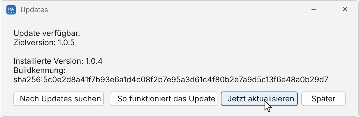 Fenster Updates: „Update verfügbar.“ mit Zielversion, installierter Version und Buildkennung, Knöpfe „Nach Updates suchen“, „So funktioniert das Update“, „Jetzt aktualisieren“ und „Später“