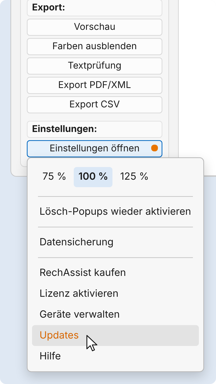 Linkes Menü mit orangem Punkt am Knopf „Einstellungen öffnen“, darunter das geöffnete Menü mit „Datensicherung“ und dem orange geschriebenen Eintrag „Updates“