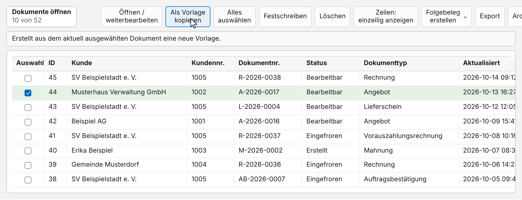 Dokumentliste mit angehaktem Angebot; der Zeiger steht auf „Als Vorlage kopieren“, die Statuszeile erklärt den Knopf