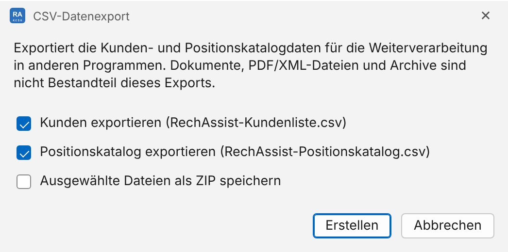 Fenster CSV-Datenexport in RechAssist mit Auswahl von Kunden und Positionskatalog