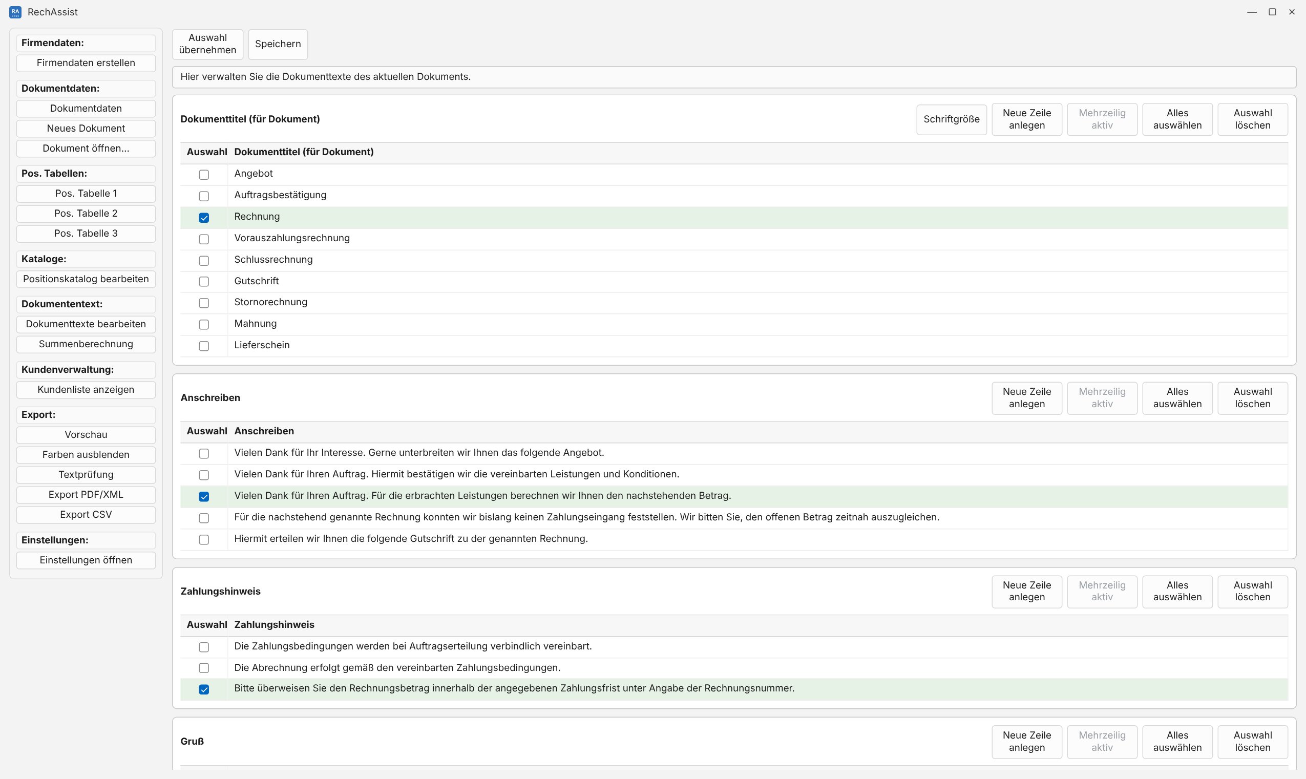 Eingabebereich für Dokumenttexte in RechAssist