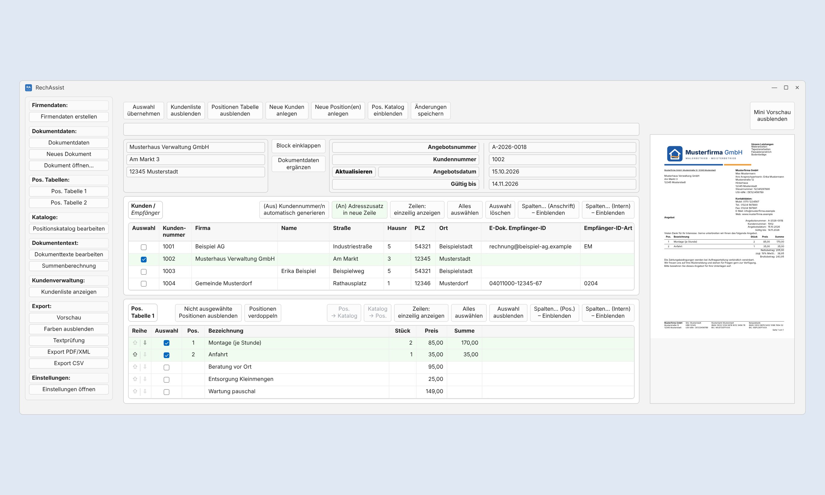 Hauptfenster von RechAssist: links das Menü, in der Mitte die Arbeitsfläche eines Angebots mit Dokumentdaten, Kundenliste und Positionstabelle, rechts die kleine Vorschau des Angebots
