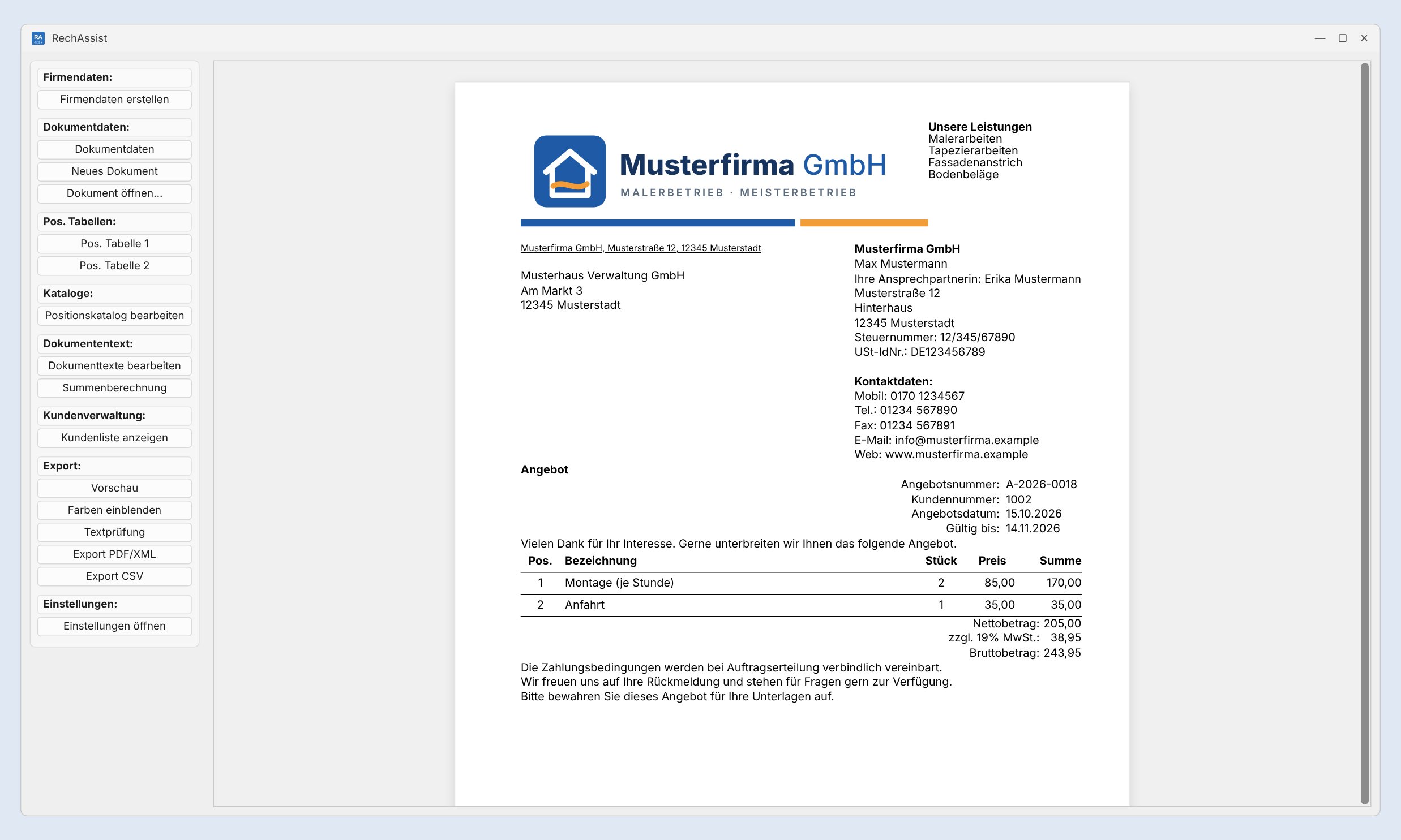 Seite Vorschau: das Angebot A-2026-0018 der Musterfirma GmbH mit Logo, Empfänger, Kontaktdaten, zwei Positionen und Nettobetrag, Umsatzsteuer und Bruttobetrag