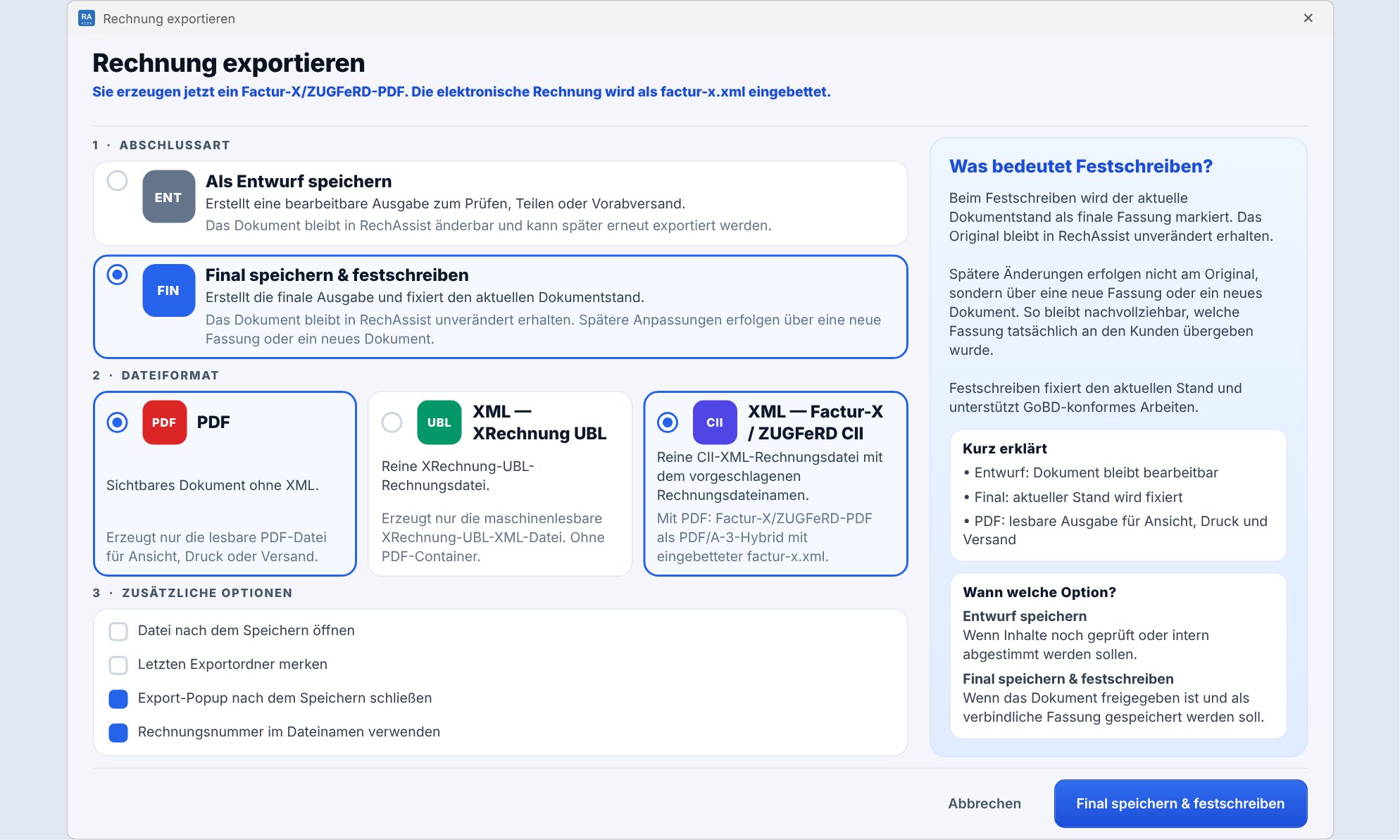 Exportdialog „Rechnung exportieren“: Final speichern und festschreiben, Dateiformat PDF und XML — Factur-X / ZUGFeRD CII gewählt