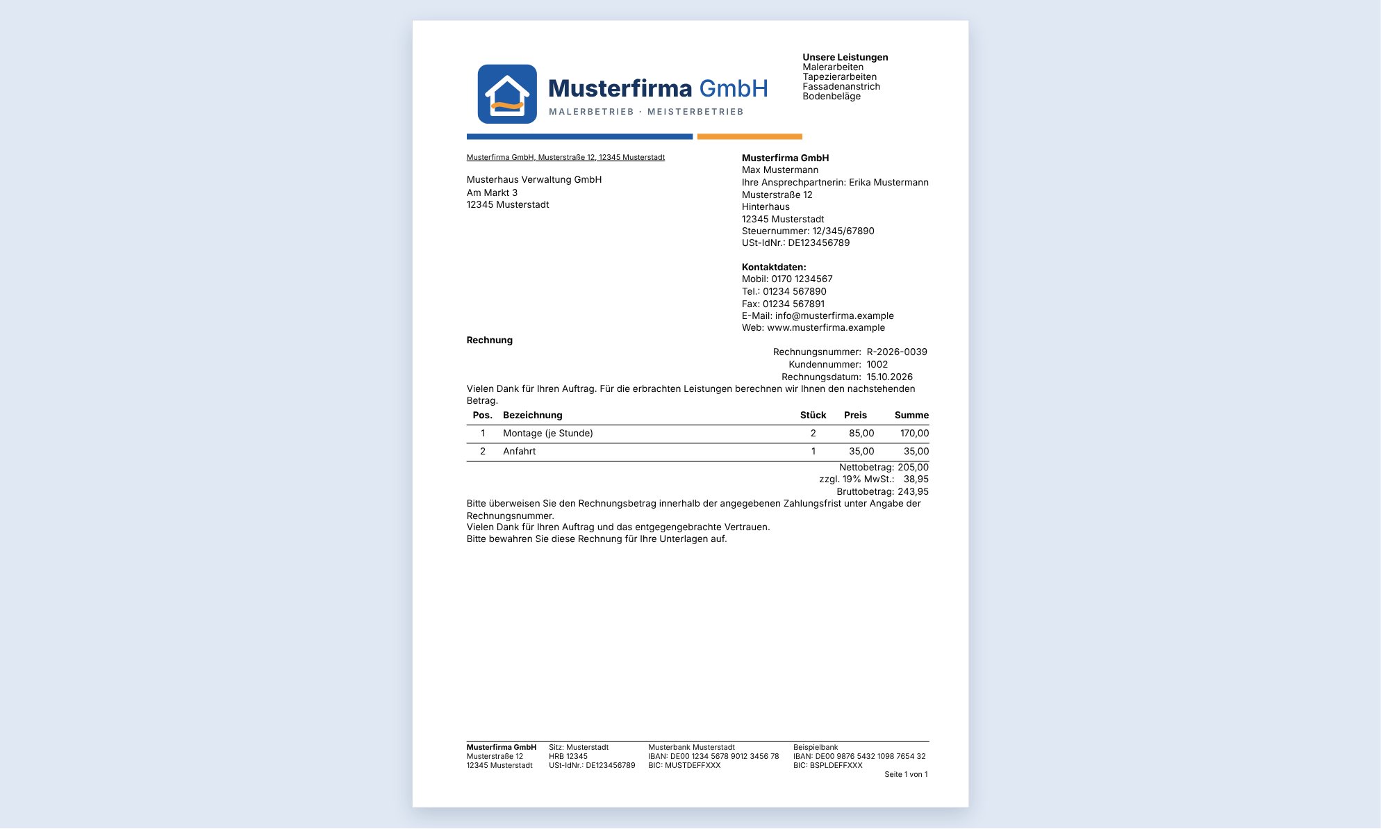 Die fertige Rechnung R-2026-0039 der Musterfirma GmbH als ganze Seite: Briefkopf mit Logo, Empfänger, Positionen, Summen und Fußzeile mit Bankverbindungen