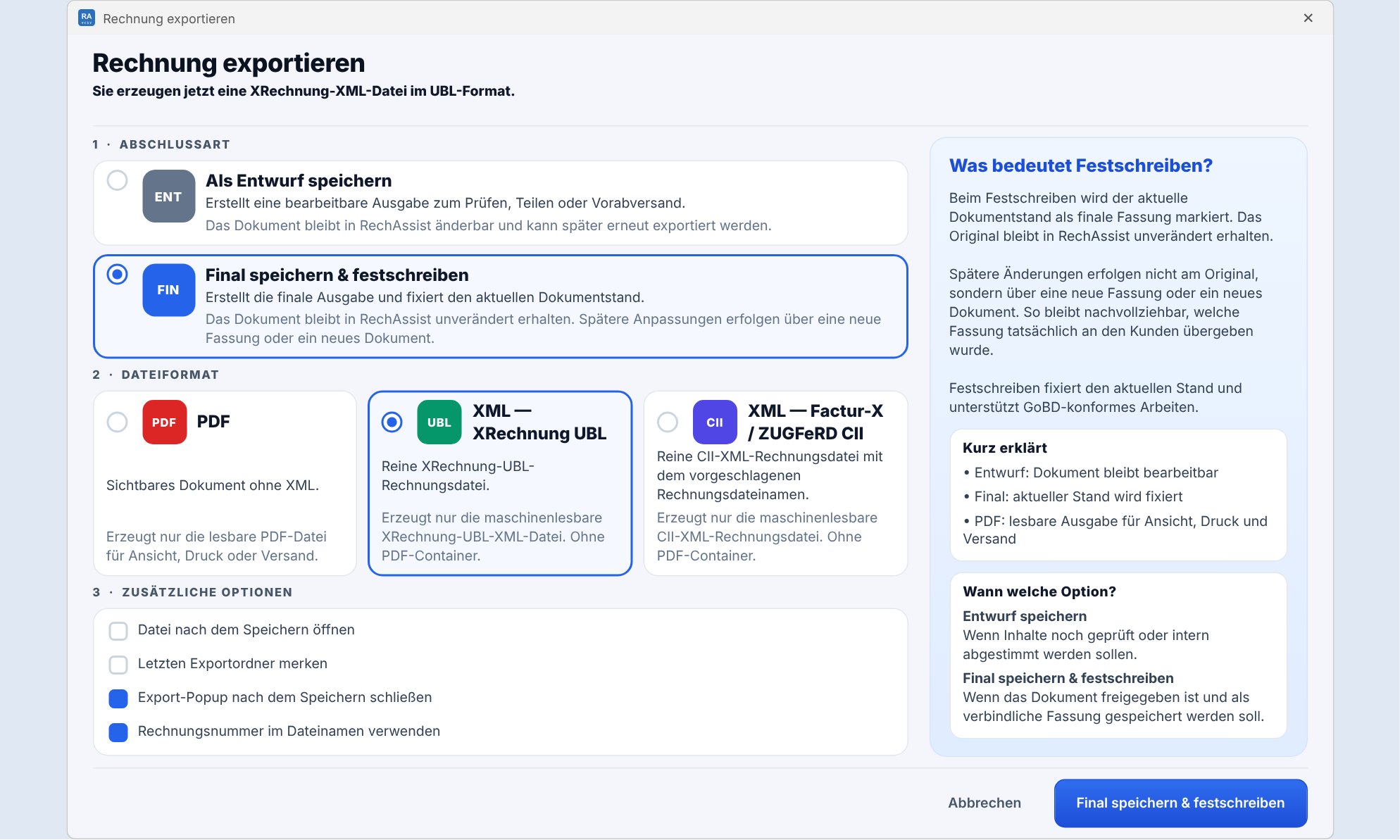Exportdialog „Rechnung exportieren“ mit der Karte XML — XRechnung UBL gewählt